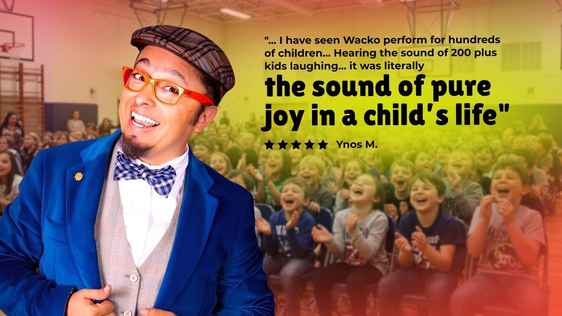 Wacko performing for a school assembly, horizontal view